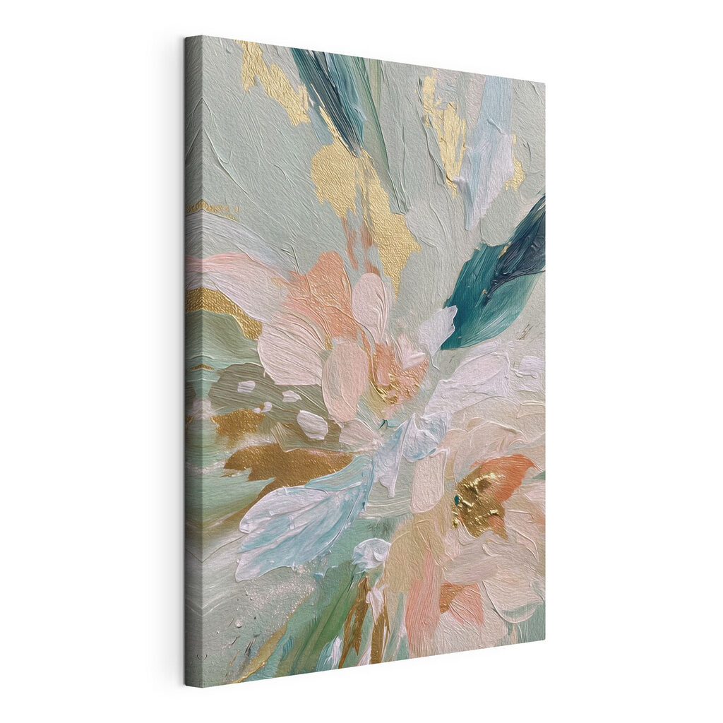Flor pastel em verde, tela esticada e borda contínua