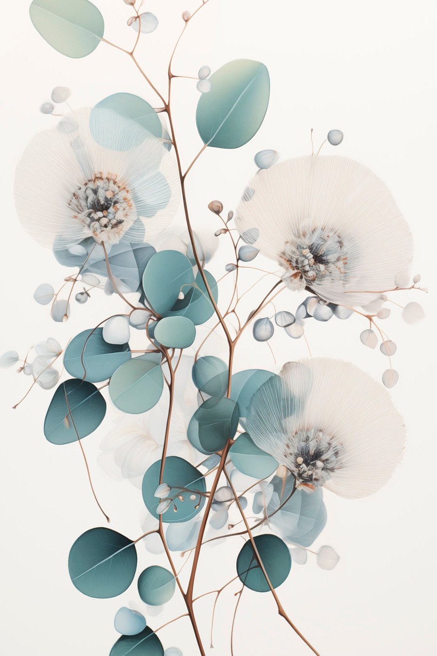 Eucalipto com flores brancas — design completo