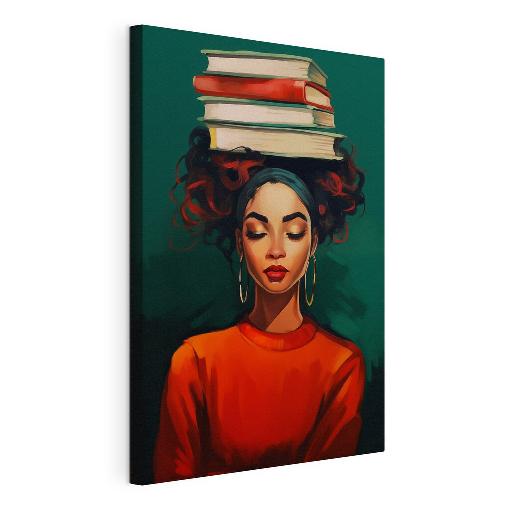 Mulher com livros, tela esticada e borda contínua