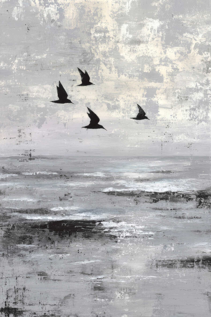 Aves sobre água prateada — design completo