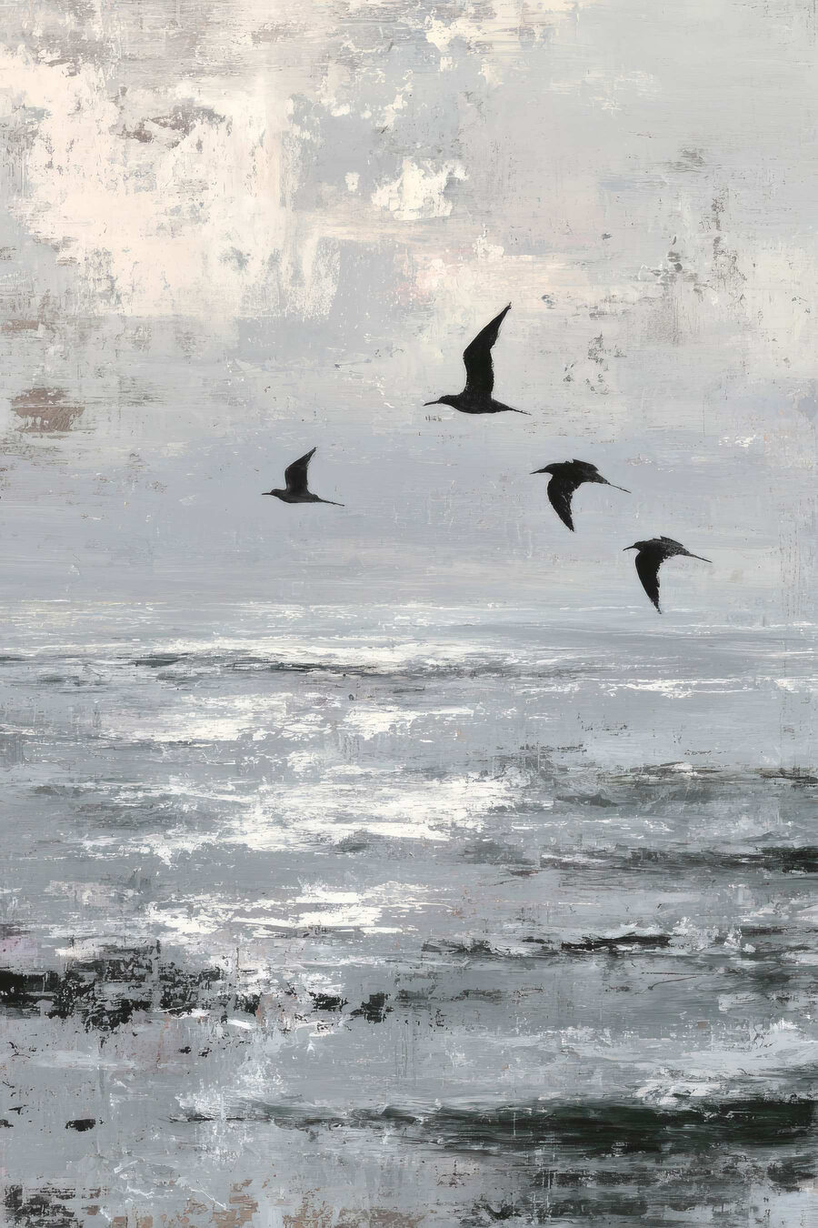 Aves sobre ondas cinzentas — design completo