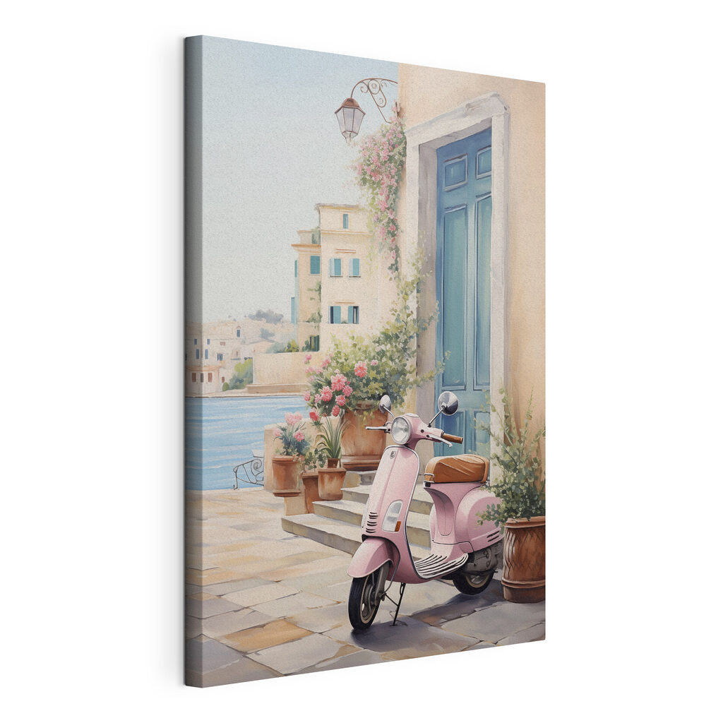 Scooter e porta azul, tela esticada e borda contínua