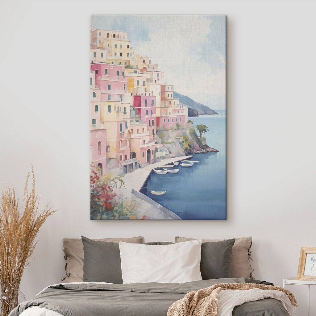 Casas pastel sobre baía num interior