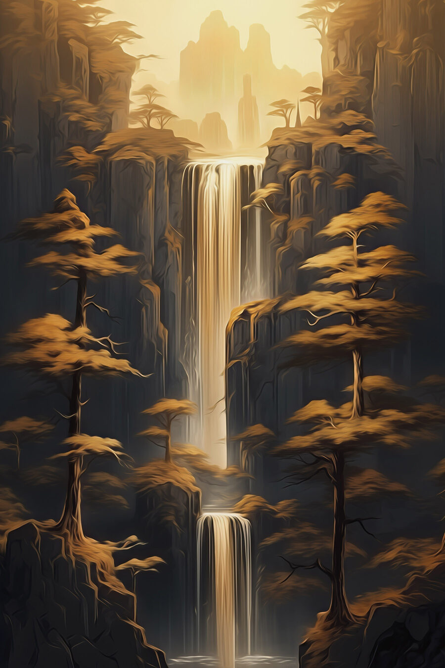 Cascata dourada num desfiladeiro — design completo
