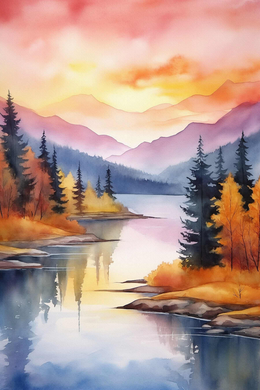 Lago outonal ao entardecer — design completo