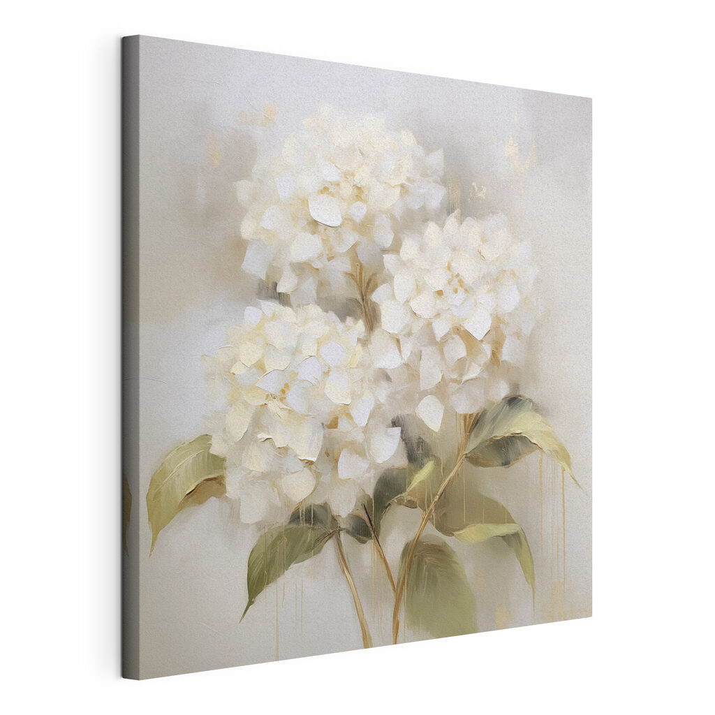 Hortênsias creme na neblina, tela esticada e borda contínua