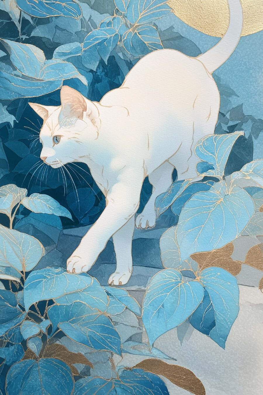 Gato branco entre folhas — design completo