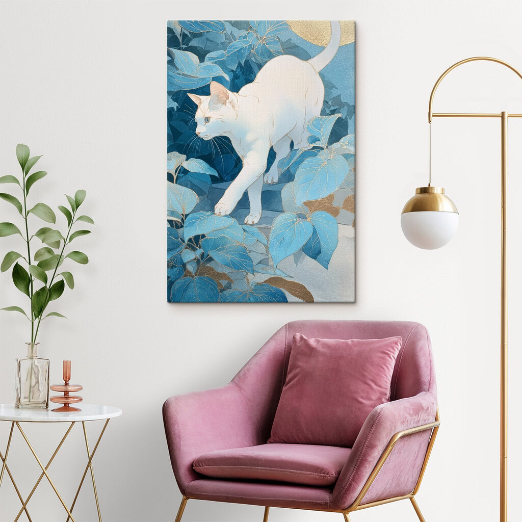 Gato branco entre folhas — interior 2