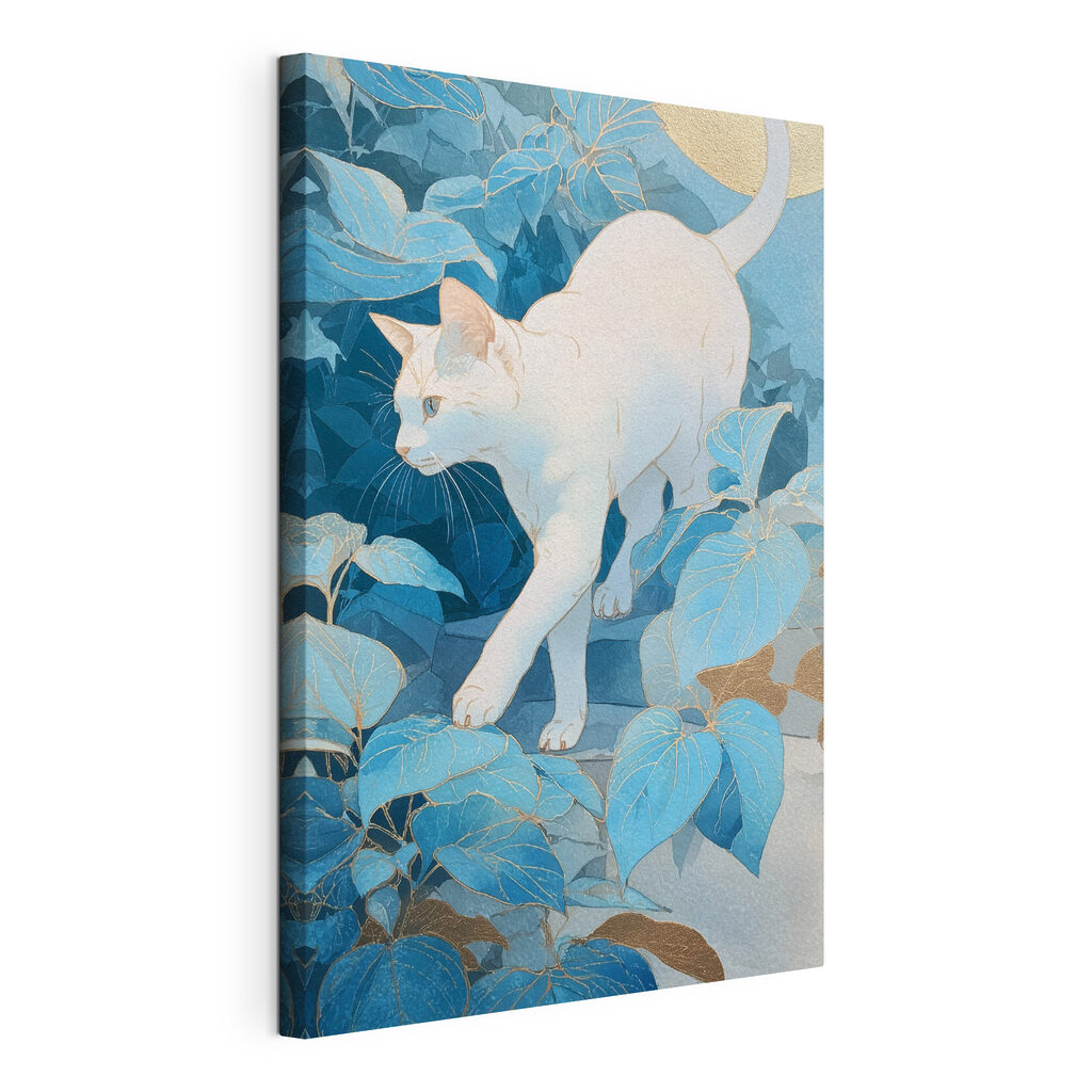 Gato branco entre folhas, tela esticada e borda contínua