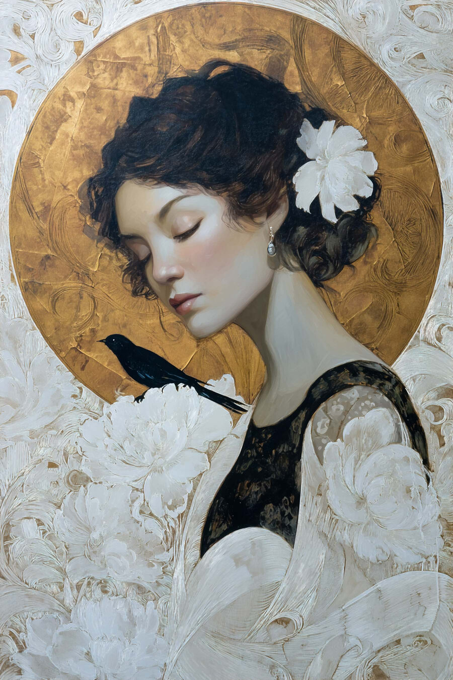 Mulher com pássaro preto — design completo