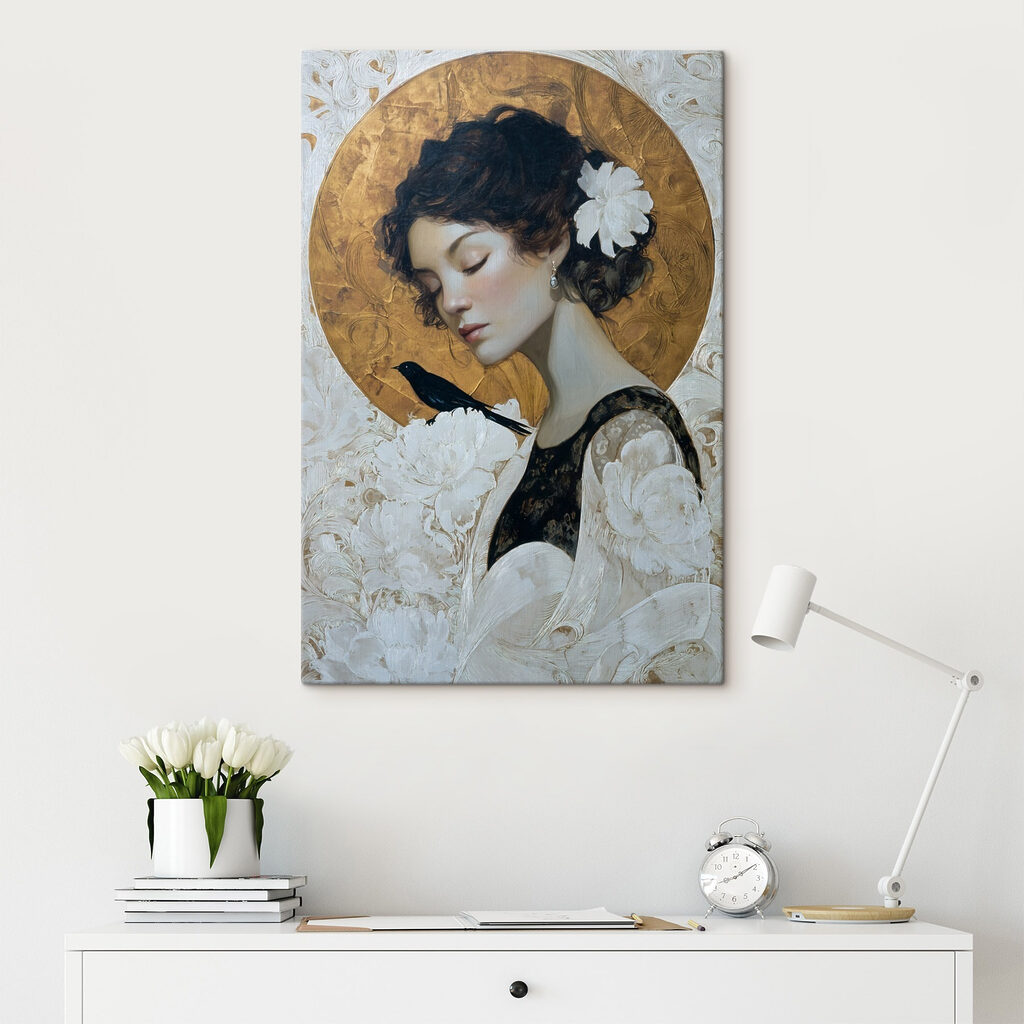 Mulher com pássaro preto — interior 2