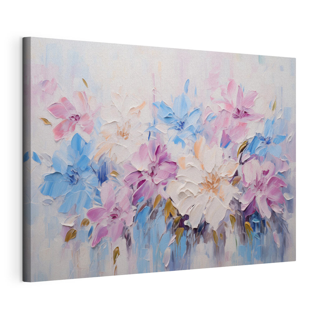 Flores pastel em azul, tela esticada e borda contínua