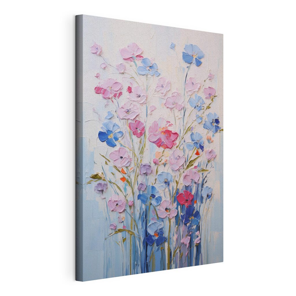 Flores silvestres em azul, tela esticada e borda contínua