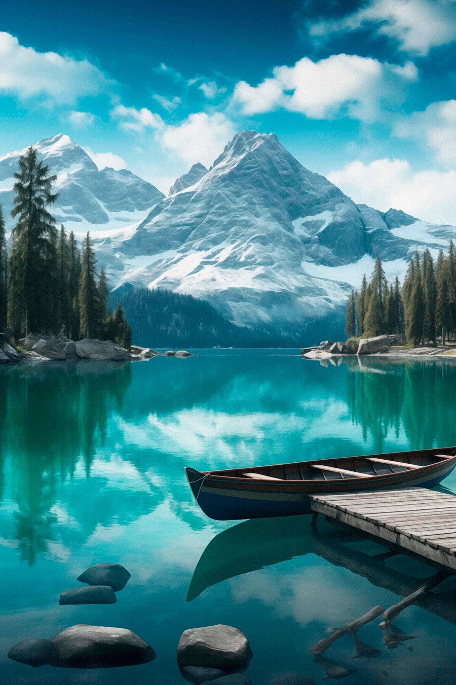 Lago alpino com canoa — design completo