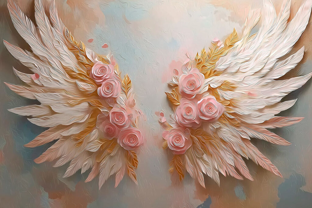Rosas entre penas brancas — design completo