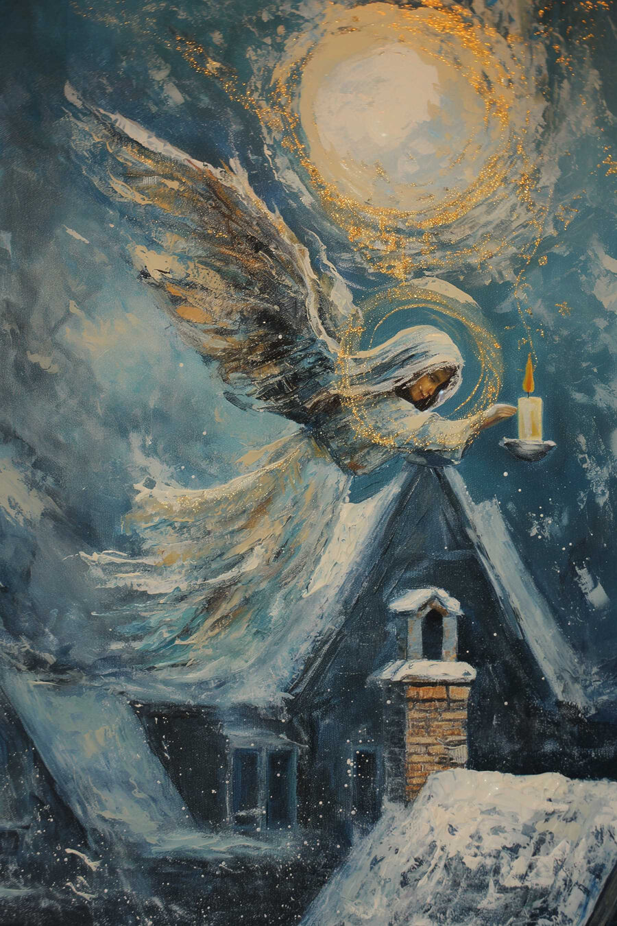 Anjo sobre telhados nevados — design completo