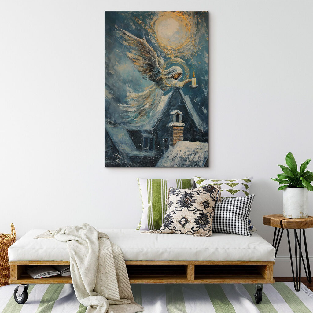 Anjo sobre telhados nevados — interior 1