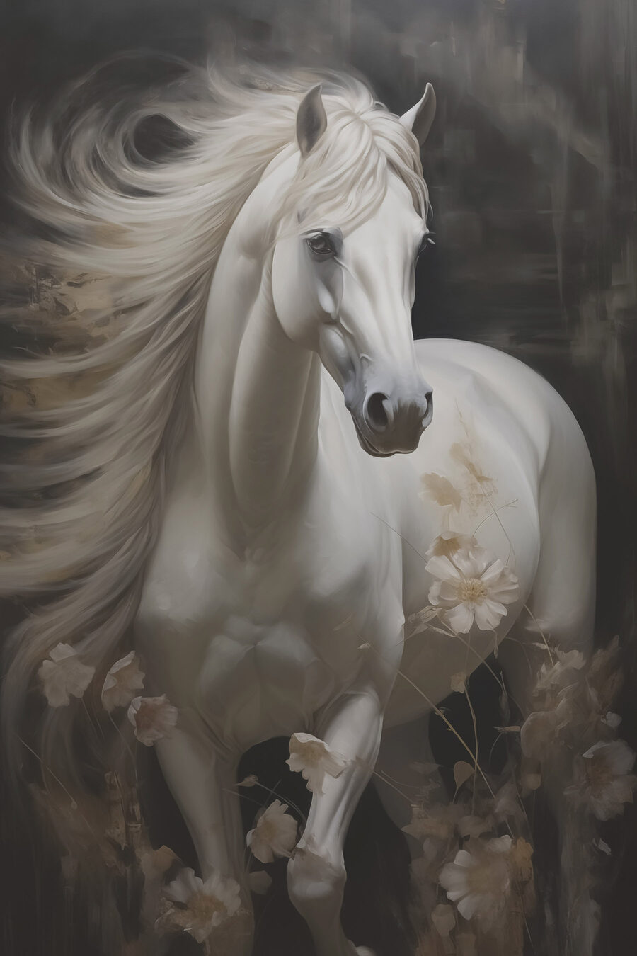 Cavalo branco na névoa — design completo