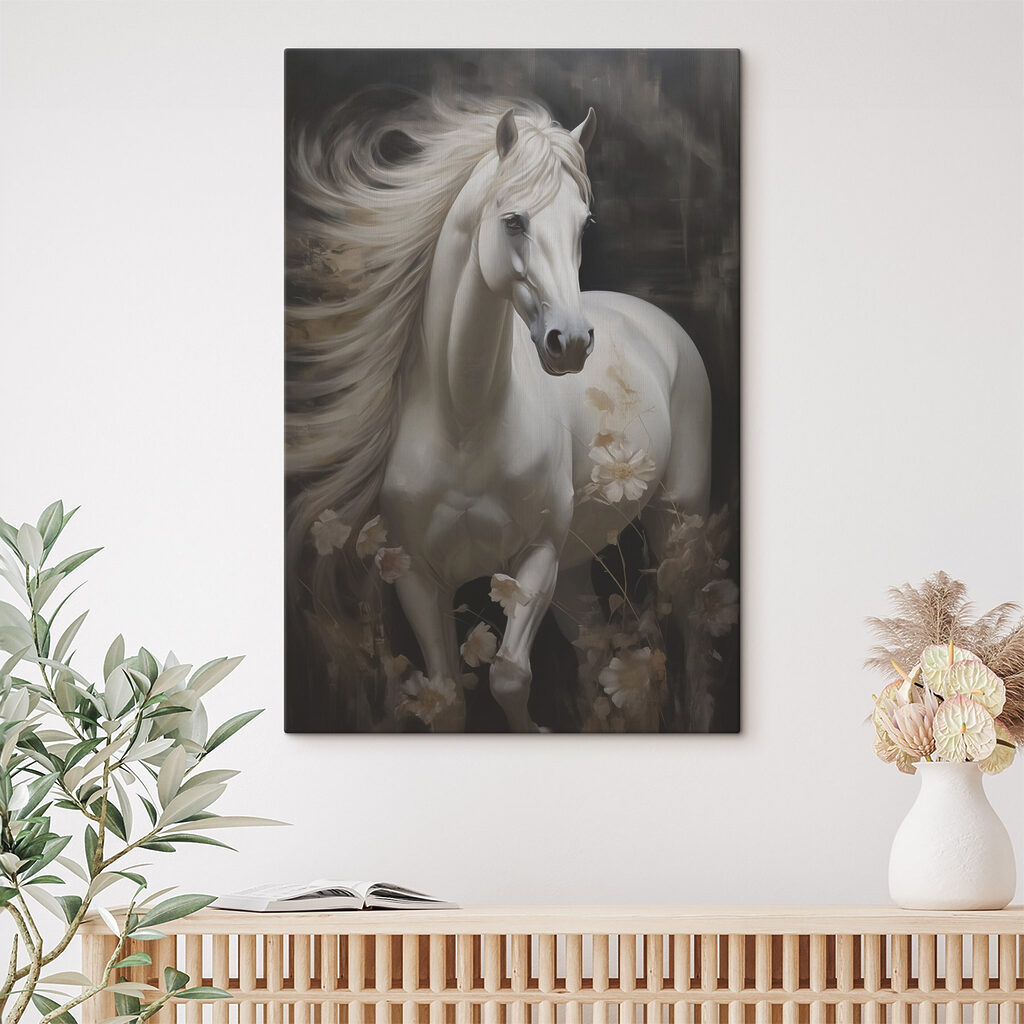 Cavalo branco na névoa num interior