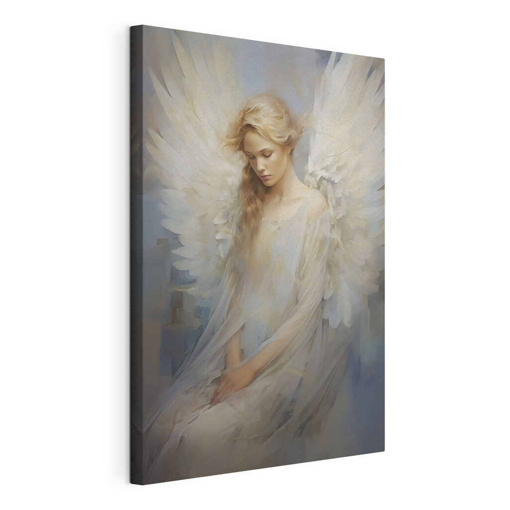 Anjo sentado, tela esticada e borda contínua