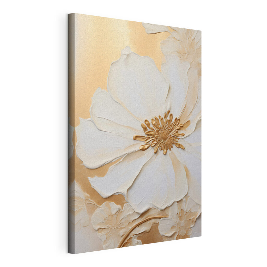 Flor branca sobre ocre, tela esticada e borda contínua