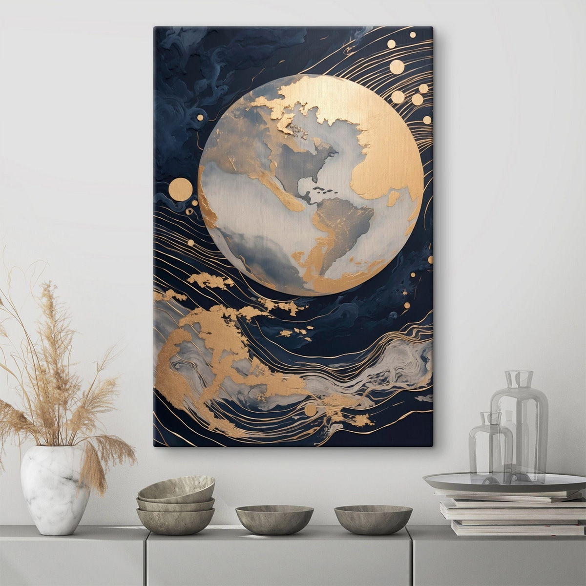 Planeta com linhas amarelas num interior