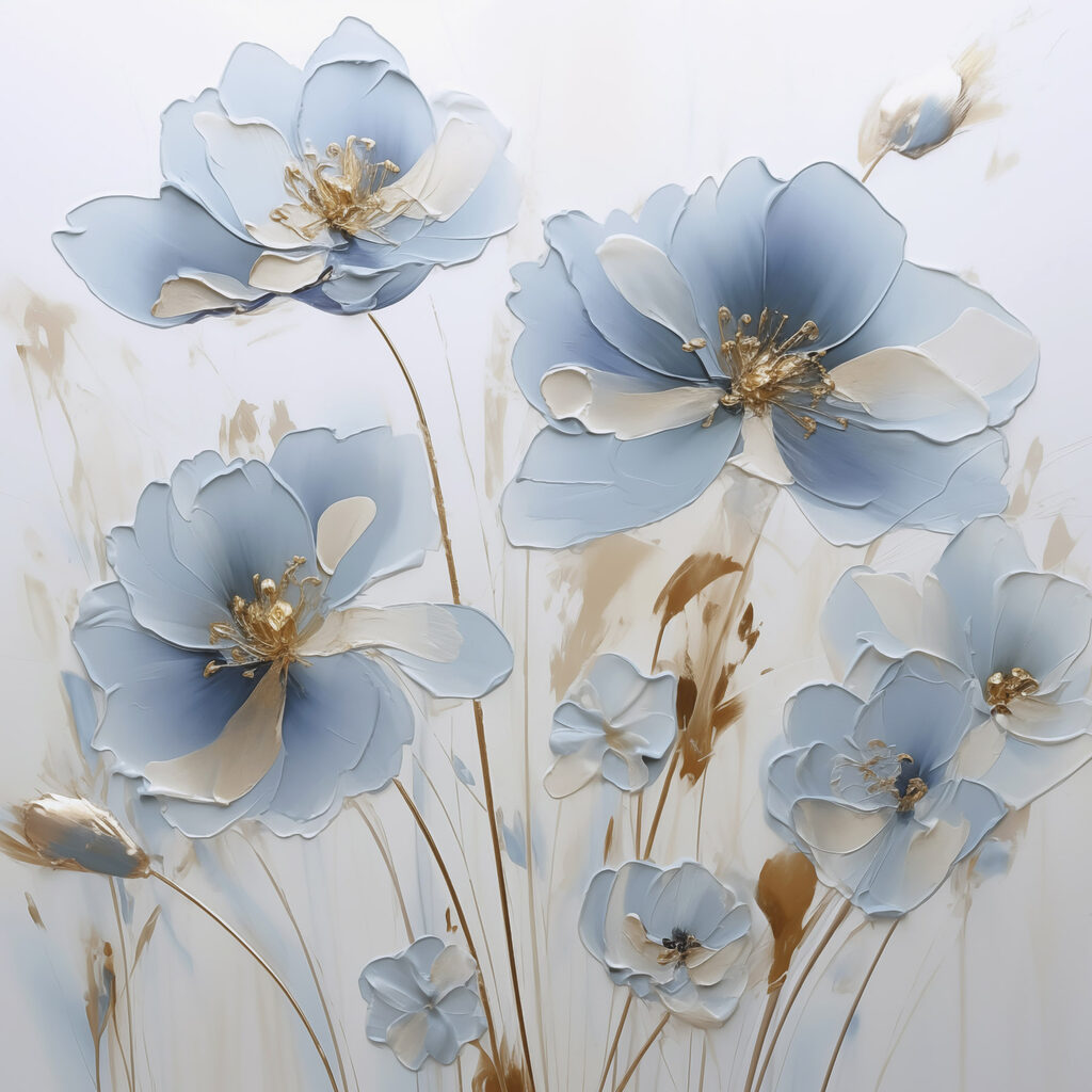 Flores azul-gelo e botões — design completo