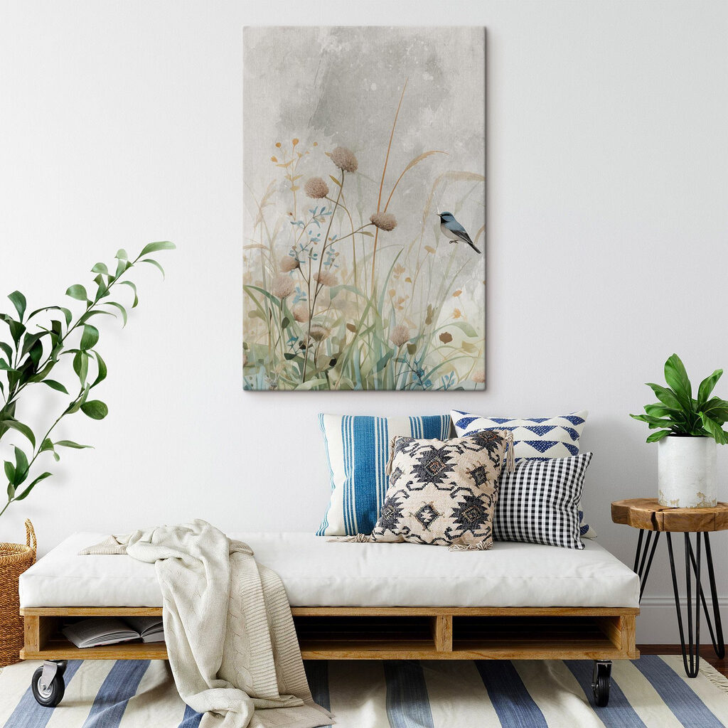 Pássaro azul entre gramíneas — interior 1