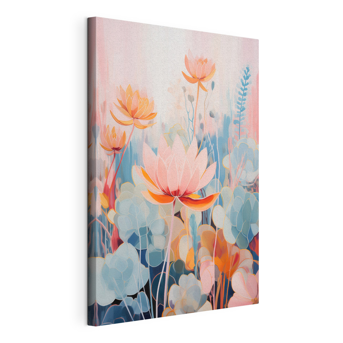 Lótus rosa e azul, tela esticada e borda contínua