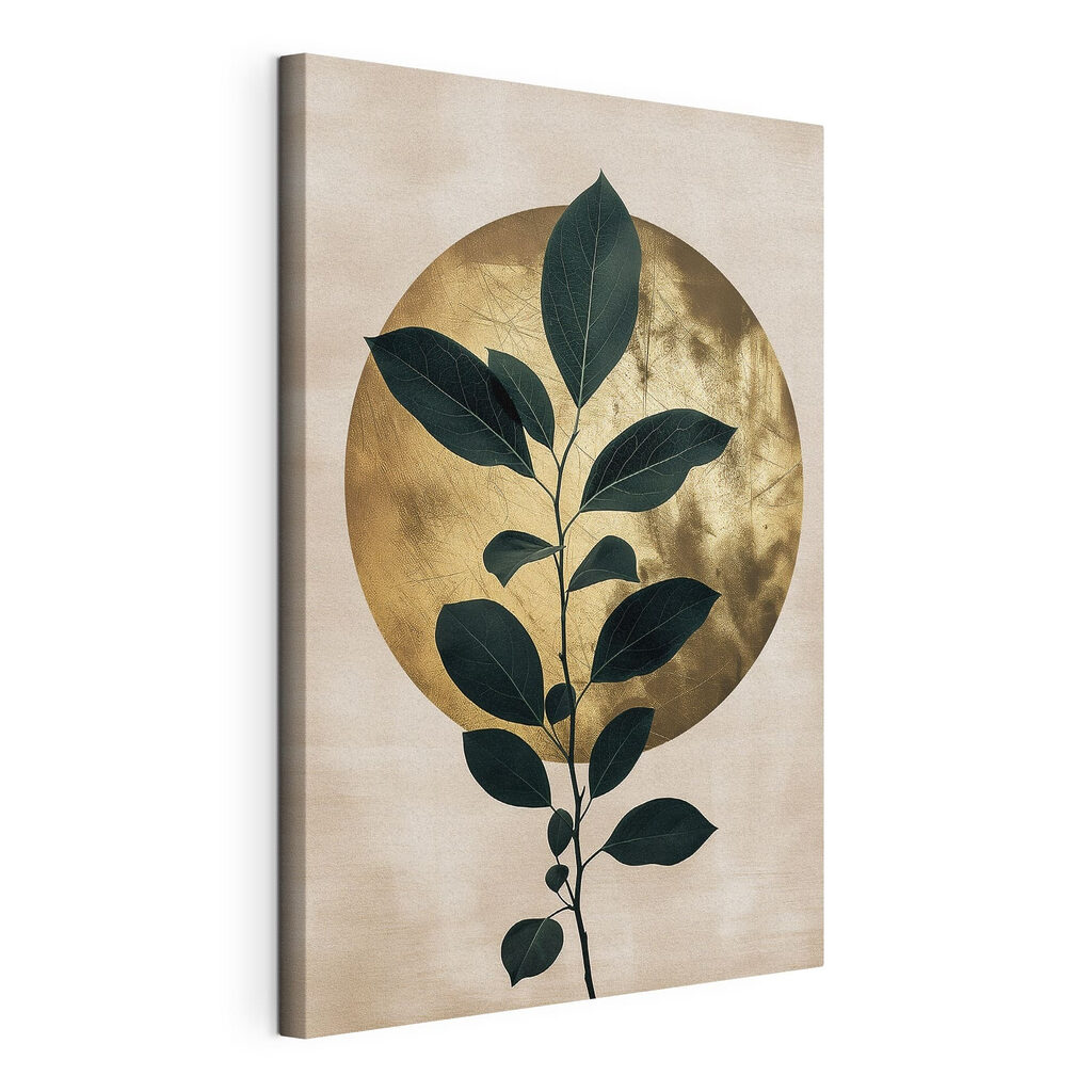 Folhas sobre disco dourado, tela esticada e borda contínua