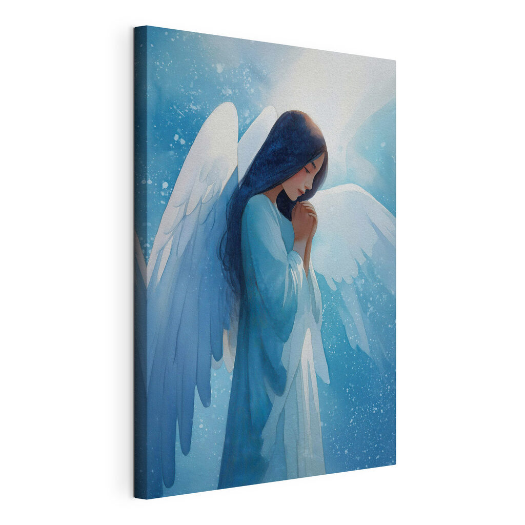 Anjo azul inclinado, tela esticada e borda contínua