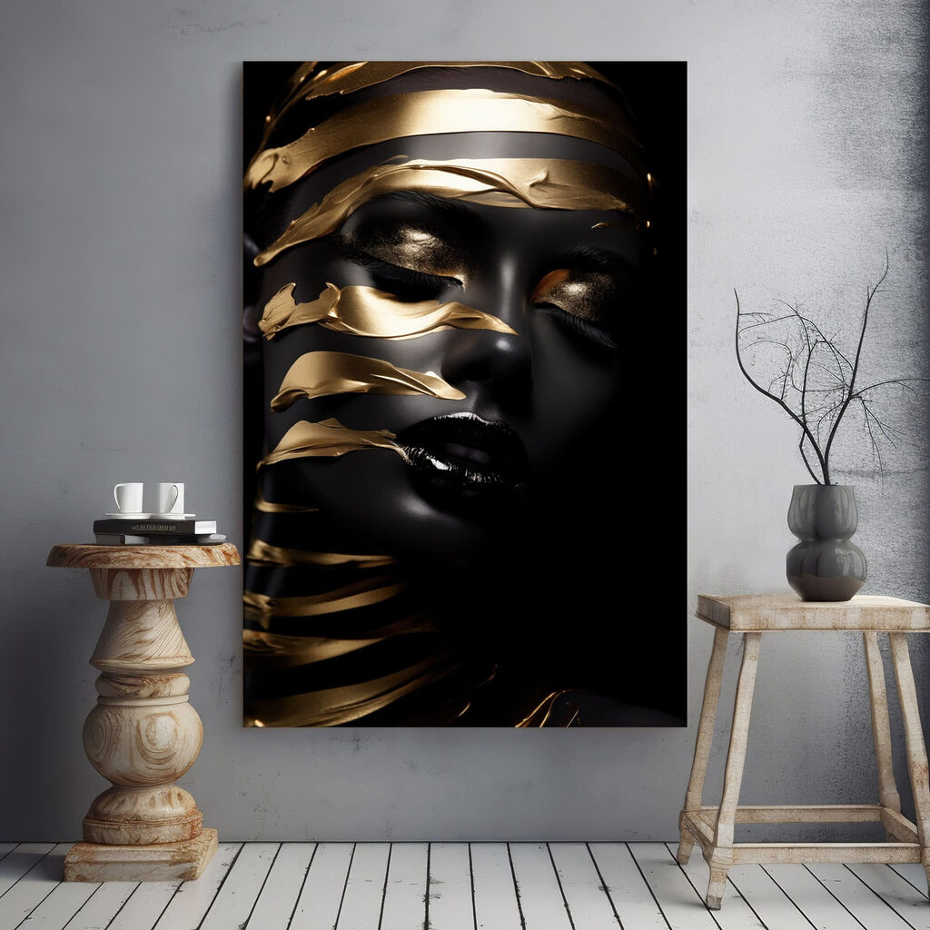 Retrato escuro com dourado num interior