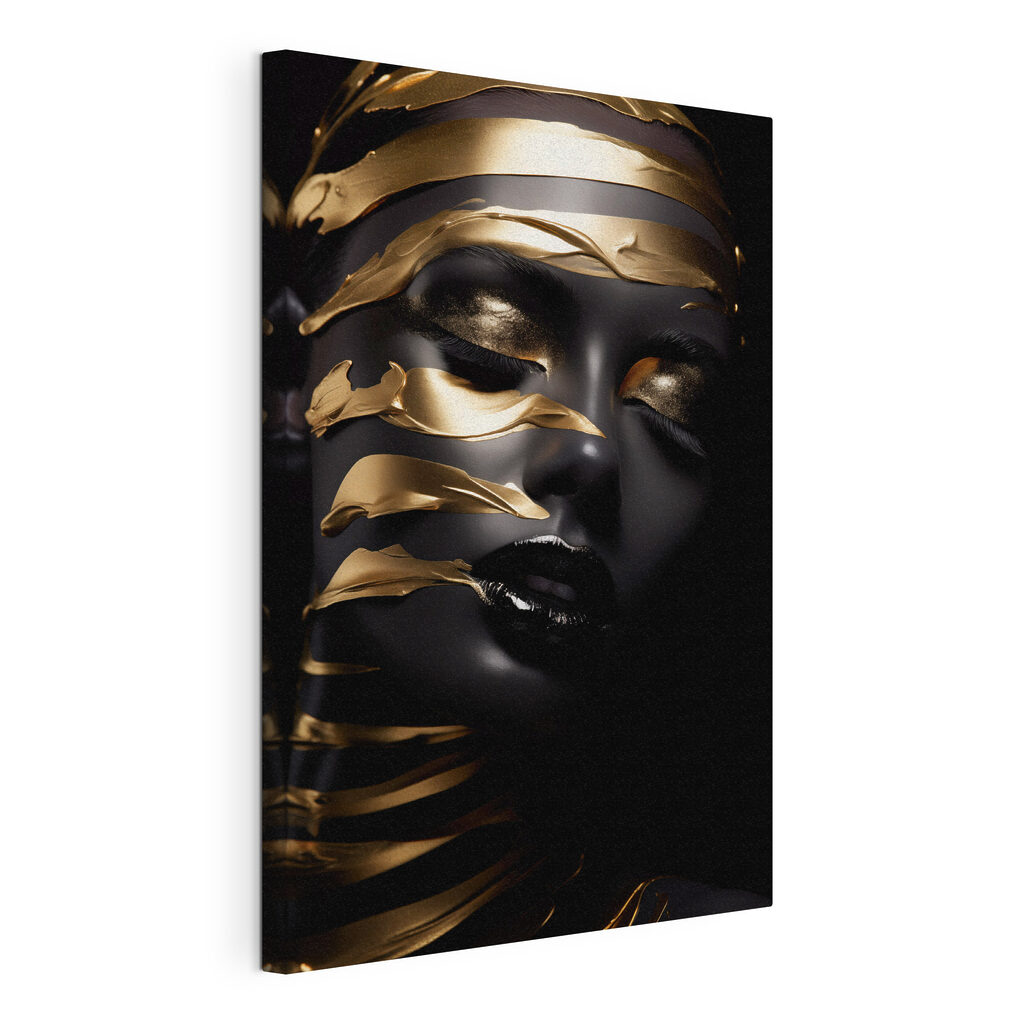 Retrato escuro com dourado, tela esticada e borda contínua