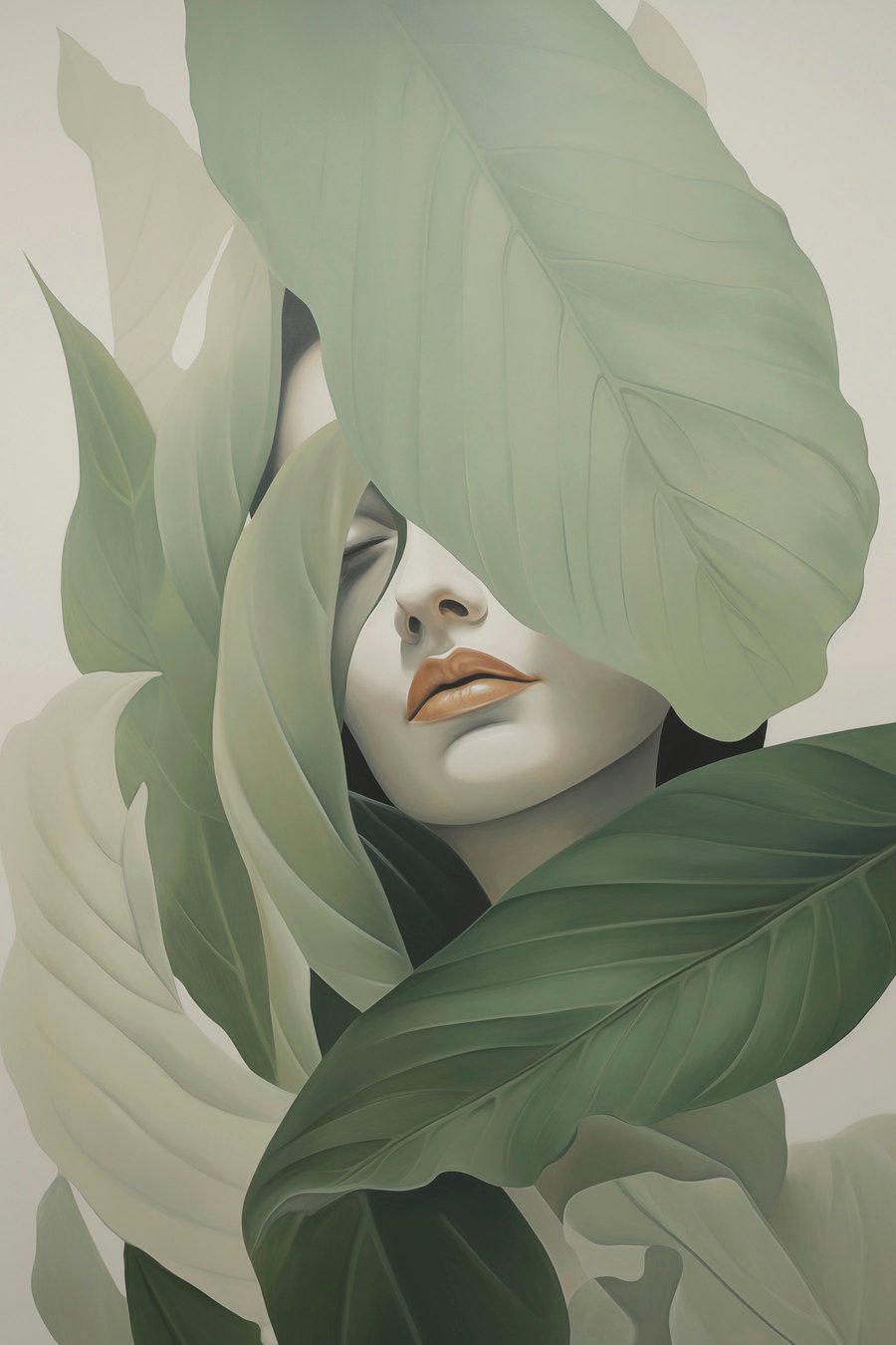 Menina surrealista entre folhas — design completo