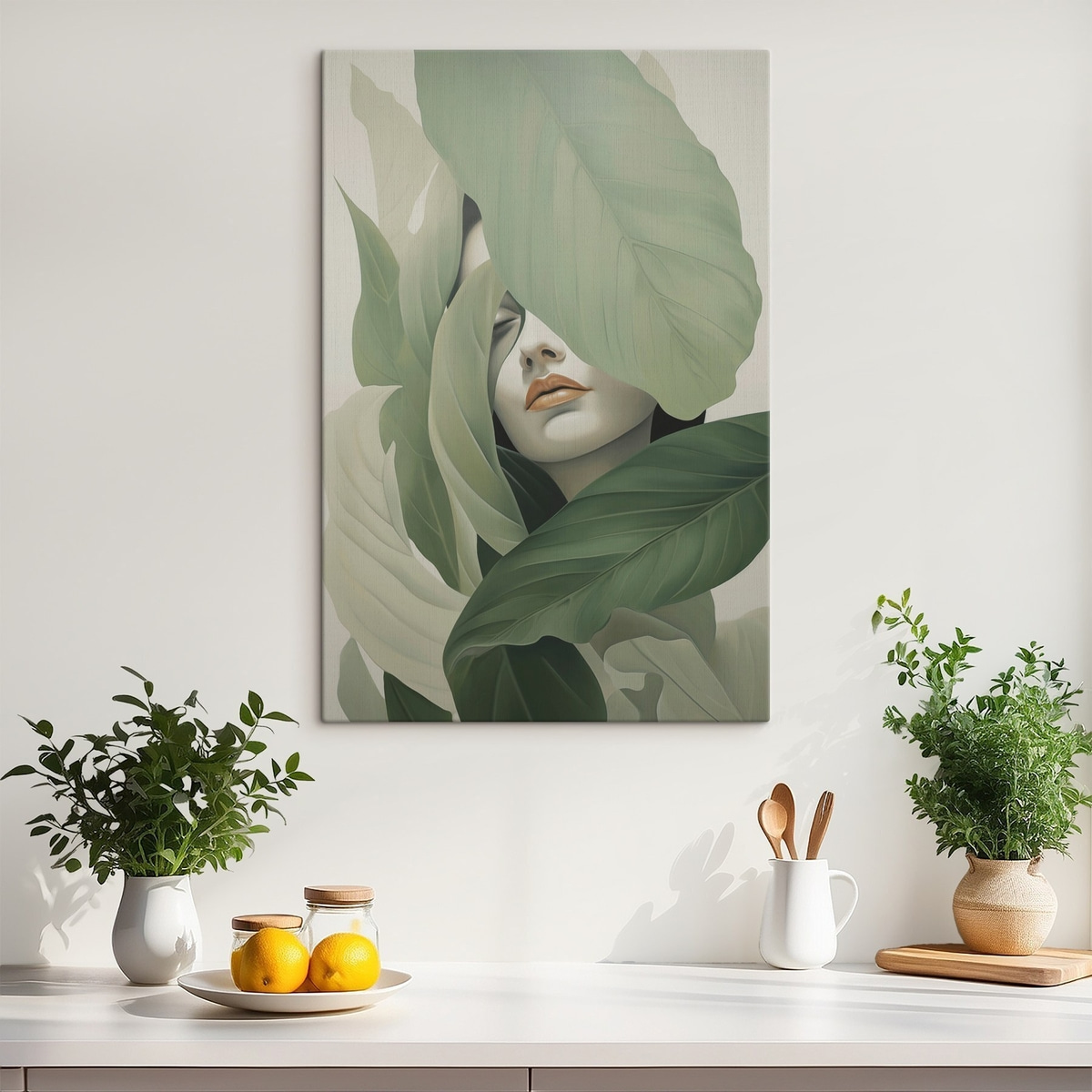 Menina surrealista entre folhas — interior 1