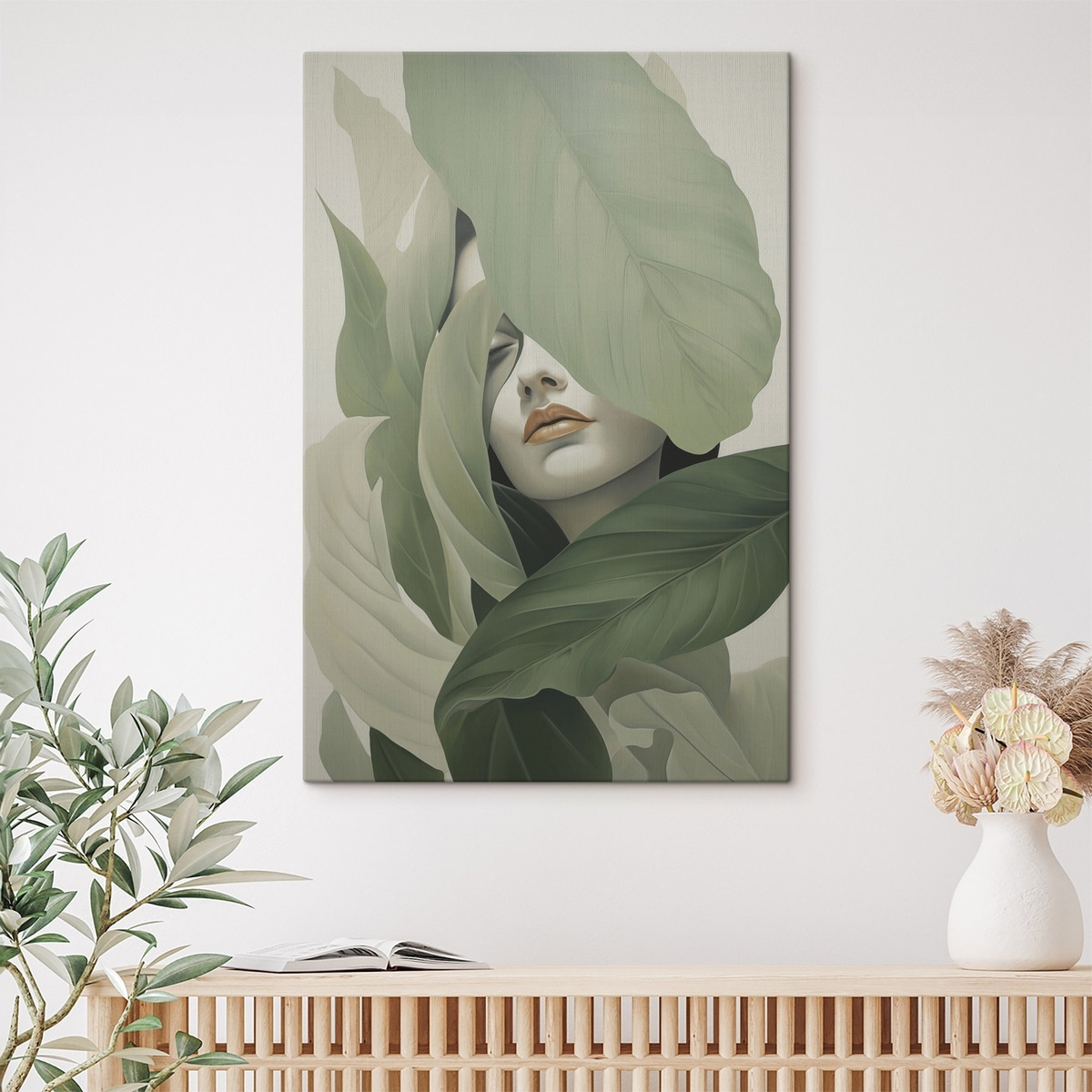 Menina surrealista entre folhas — interior 2