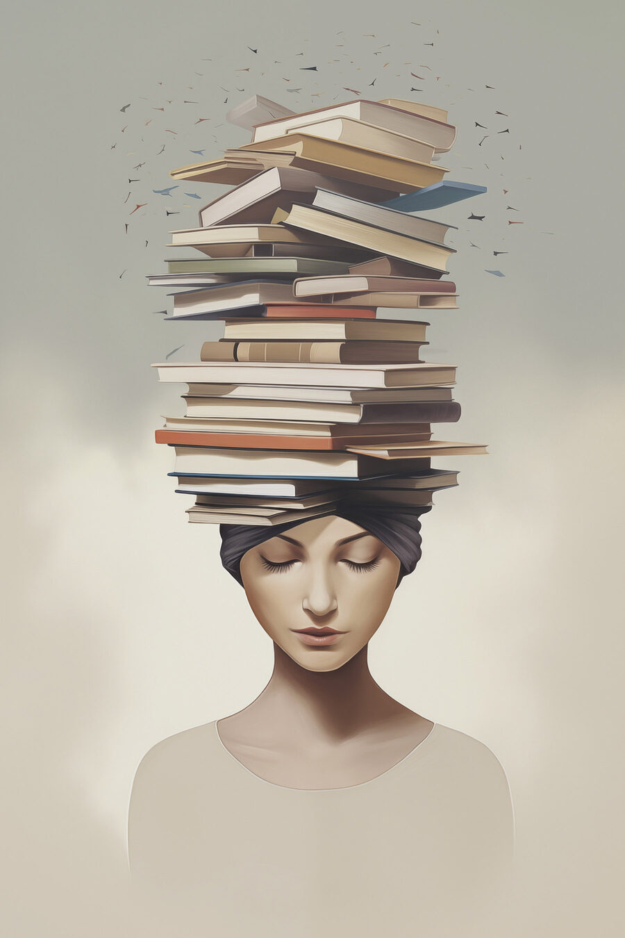 Torre de livros equilibrada — design completo