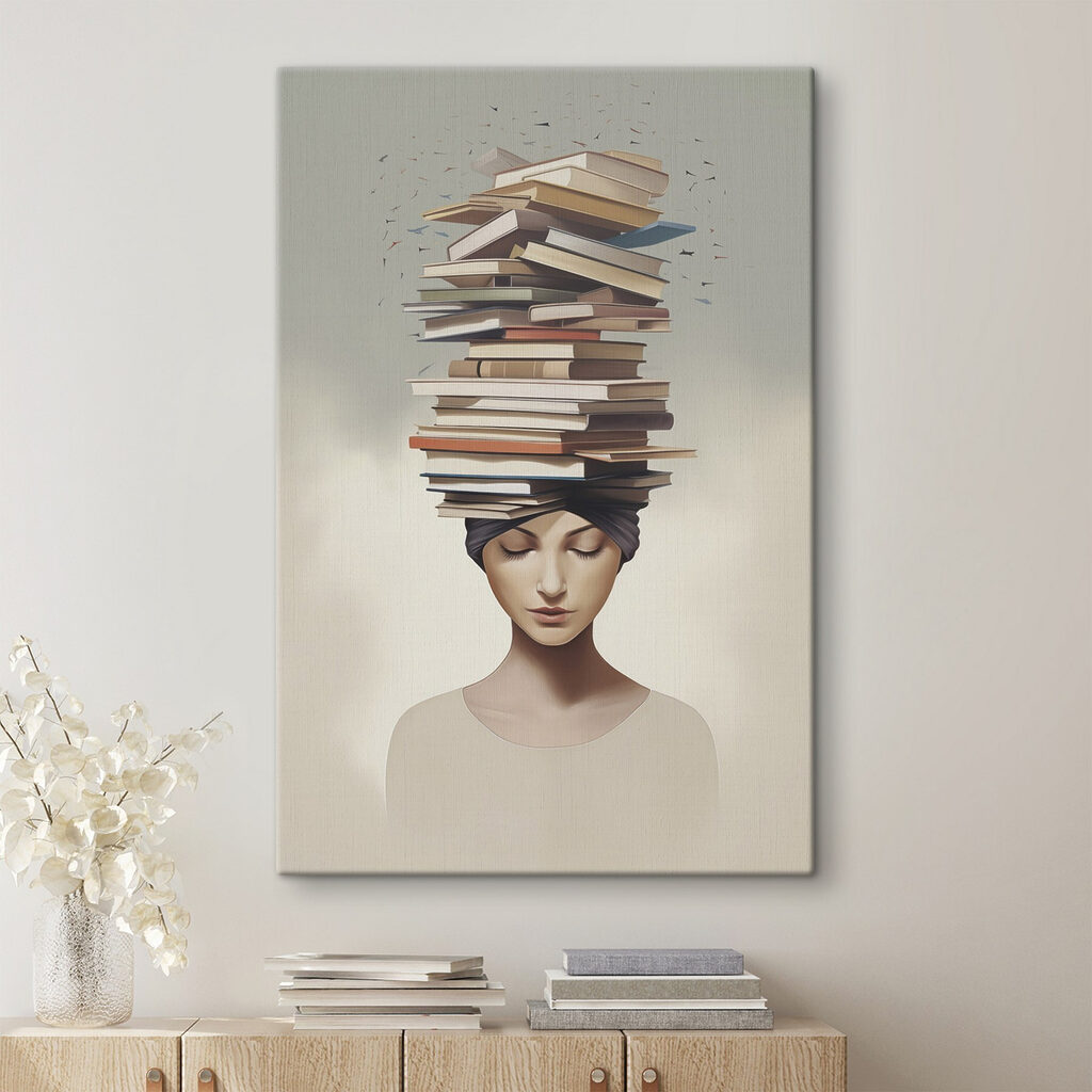 Torre de livros equilibrada — interior 1