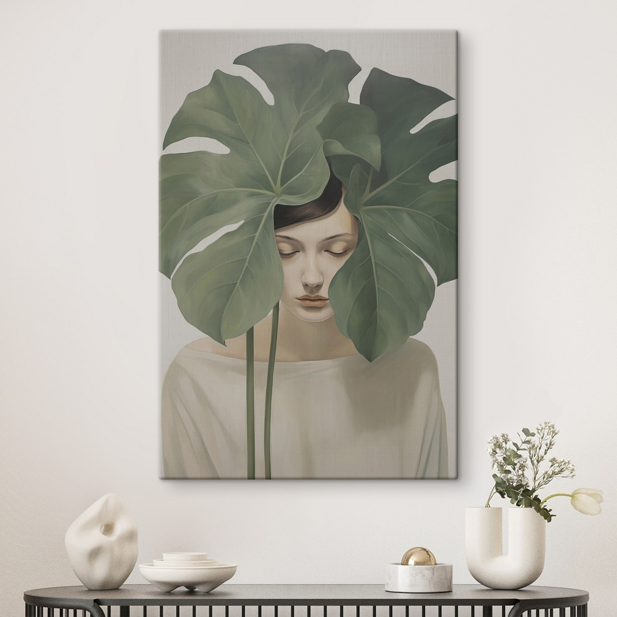 Menina com folhas tropicais — interior 1
