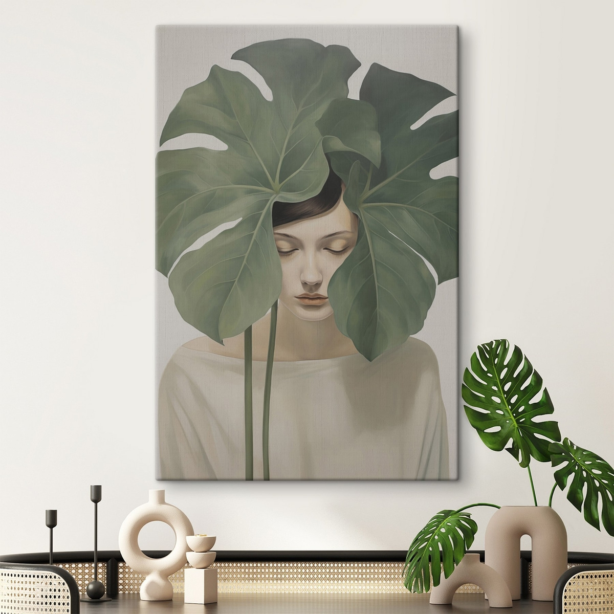 Menina com folhas tropicais — interior 2