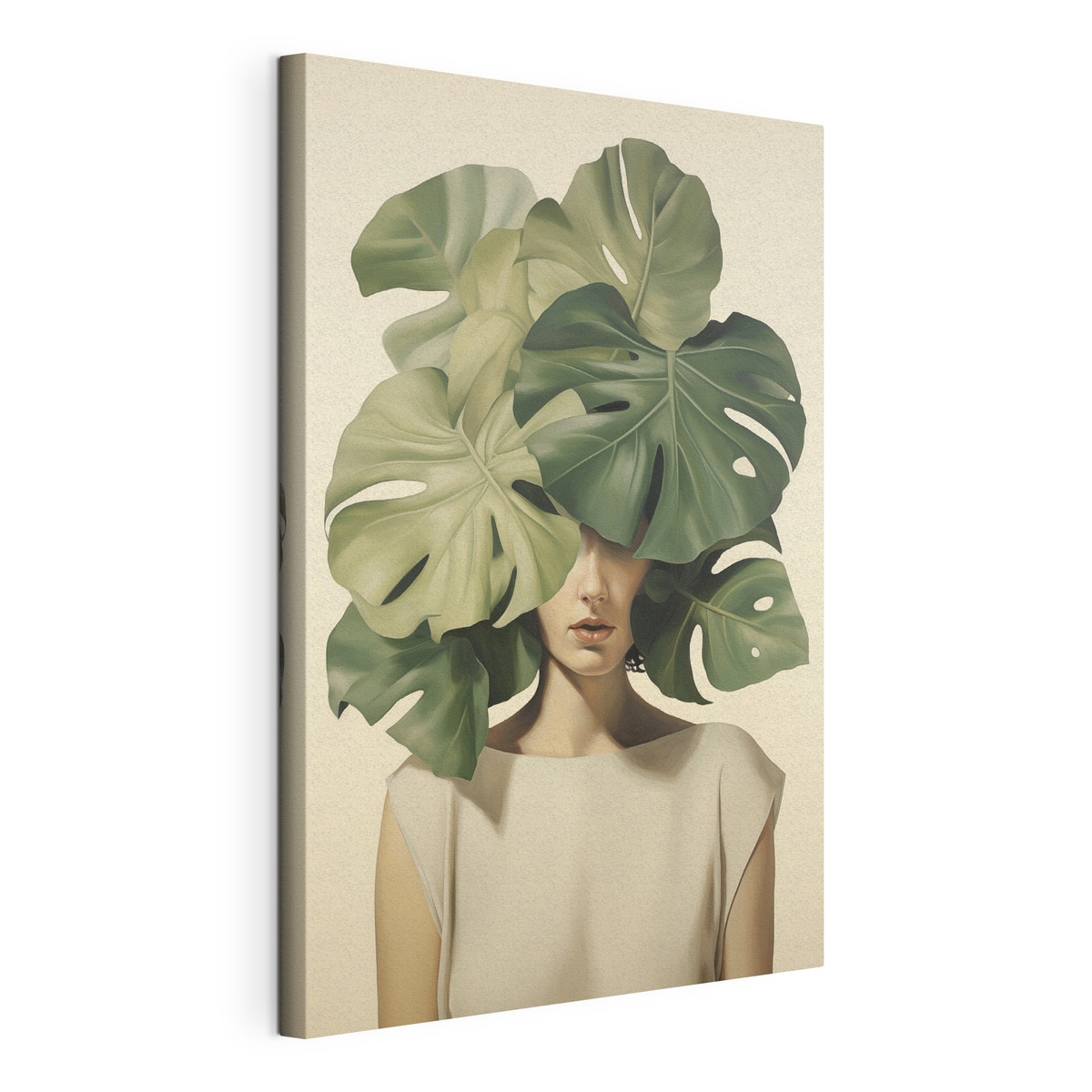 Menina abstrata com monstera, tela esticada e borda contínua