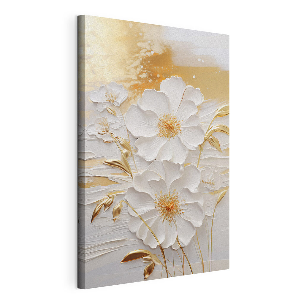 Flores brancas e ouro, tela esticada e borda contínua