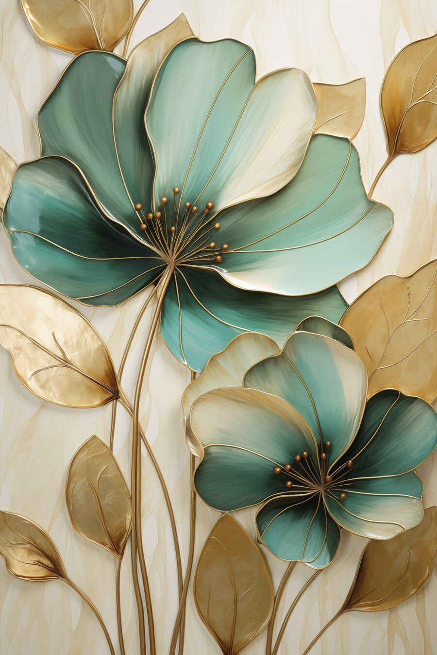 Flores verde-mar e douradas — design completo