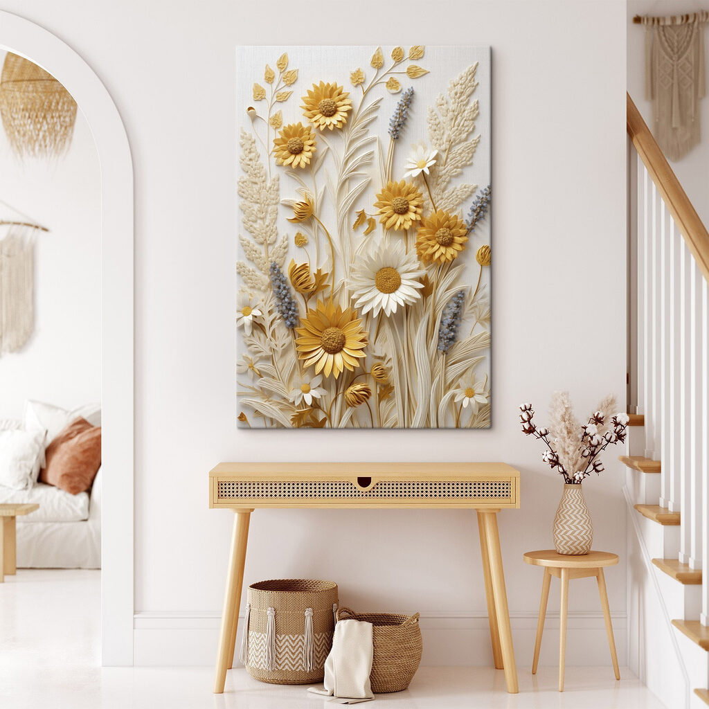 Gramíneas bege e flores num interior