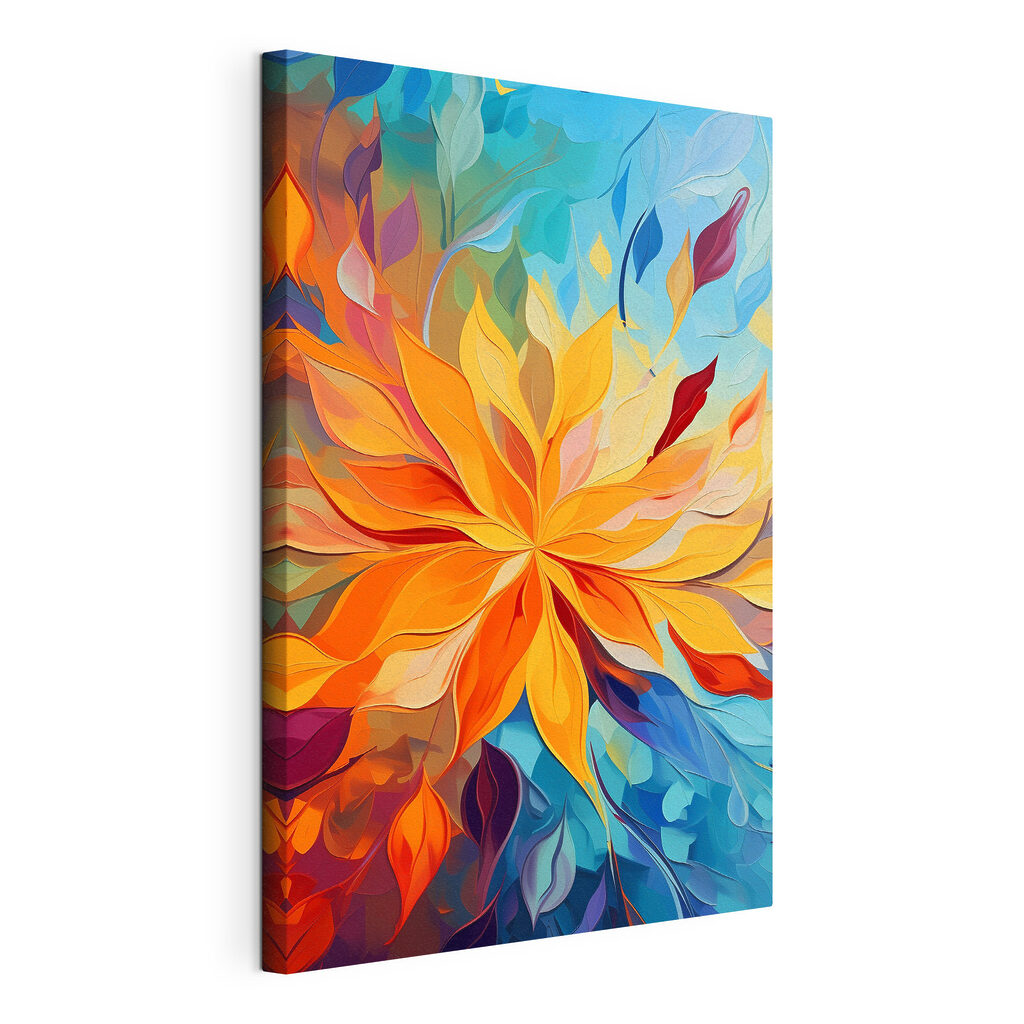 Folhas coloridas em leque, tela esticada e borda contínua