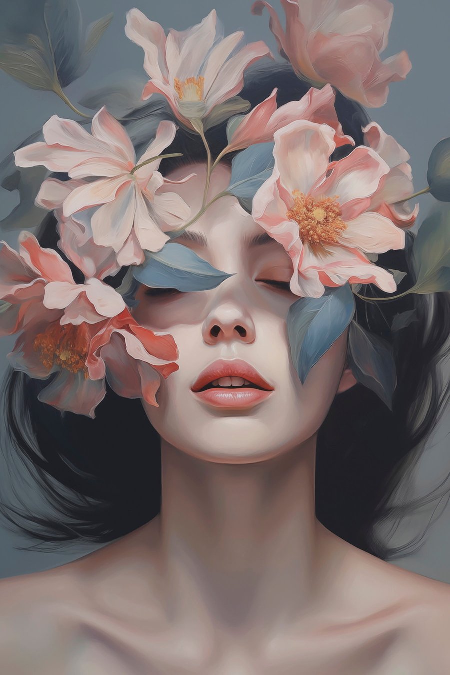 Retrato feminino com flores — design completo