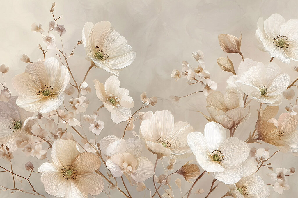 Flores brancas sobre areia — design completo