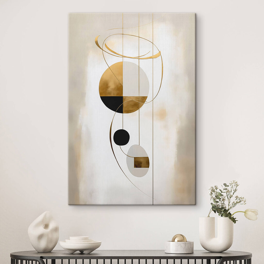 Arco dourado sobre esferas — interior 3