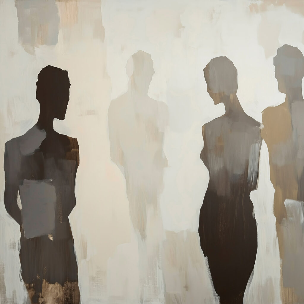 Quatro figuras na neblina — design completo