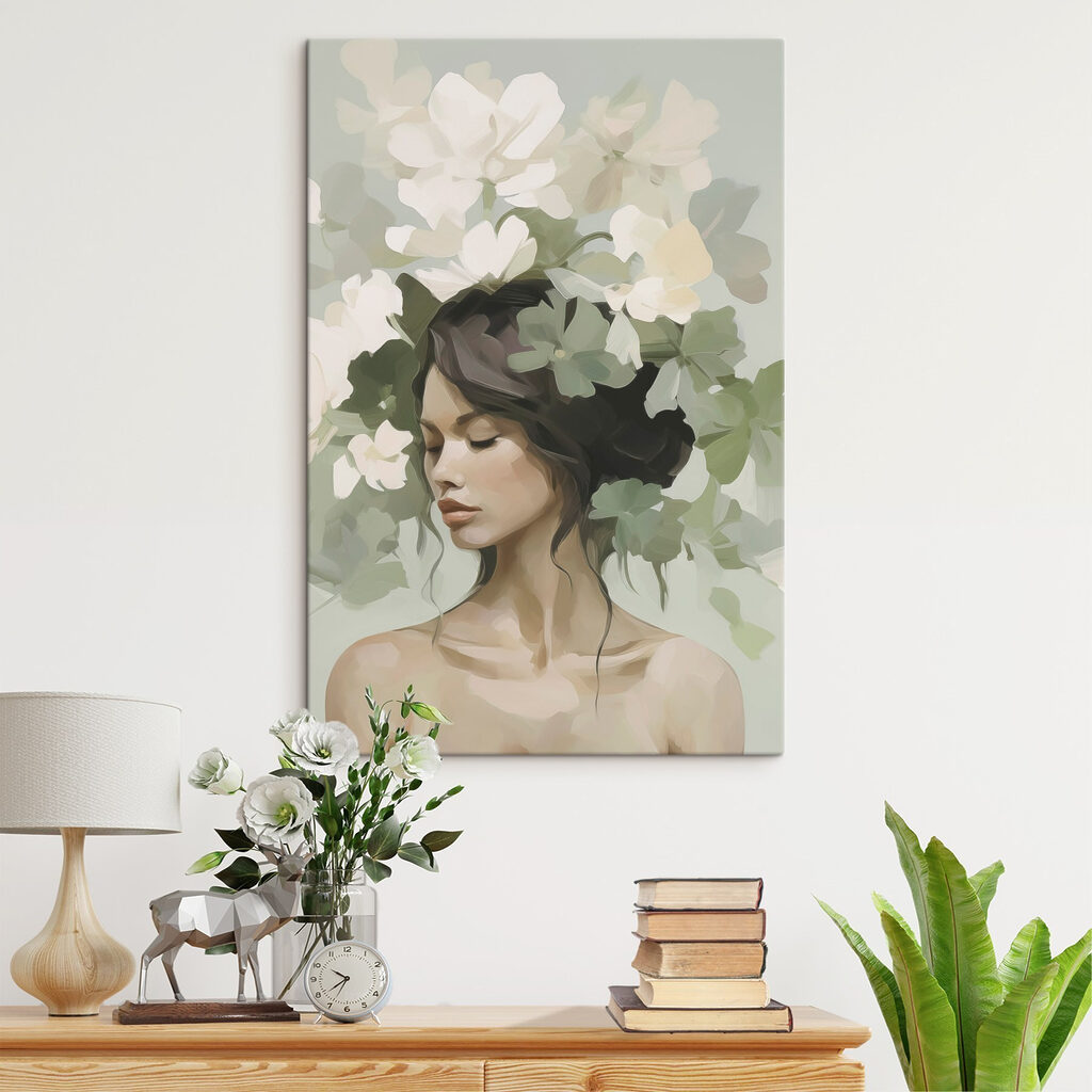 Rosto inclinado sob flores — interior 1